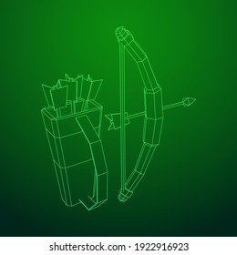 Medieval Bow and arrow archer weapon. Wireframe low poly mesh vector illustration.