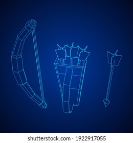 Arma de arco y arco de flecha medieval. Ilustración vectorial de malla baja de malla de malla de alambre.