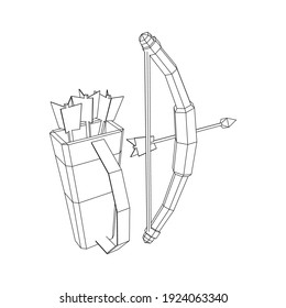 Arma de arco y arco de flecha medieval. Ilustración vectorial de malla baja de malla de malla de alambre.