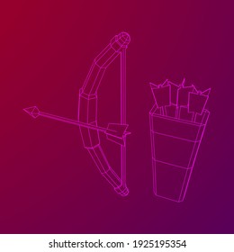 Medieval Bow and arrow archer weapon. Wireframe low poly mesh vector illustration.