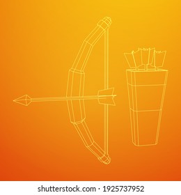 Arma de arco y arco de flecha medieval. Ilustración vectorial de malla baja de malla de malla de alambre.