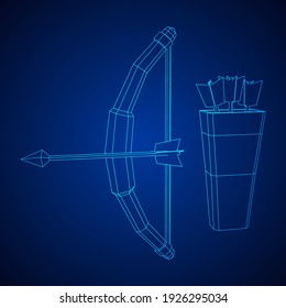 Medieval Bow and arrow archer weapon. Wireframe low poly mesh vector illustration.