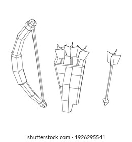 Mittelalterliche Bogenwaffe und Pfeilerwaffe. Wireframe Low-Poly-Mesh, Vektorgrafik.