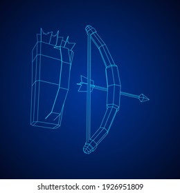 Medieval Bow and arrow archer weapon. Wireframe low poly mesh vector illustration.