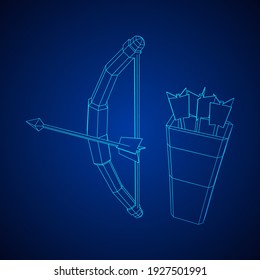 Medieval Bow and arrow archer weapon. Wireframe low poly mesh vector illustration.