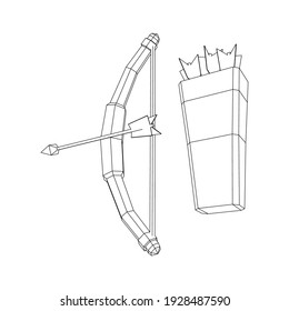 Arma de arco y arco de flecha medieval. Ilustración vectorial de malla baja de malla de malla de alambre.