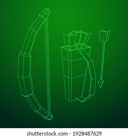 Medieval Bow and arrow archer weapon. Wireframe low poly mesh vector illustration.