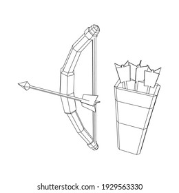 Arma de arco y arco de flecha medieval. Ilustración vectorial de malla baja de malla de malla de alambre.