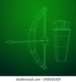 Medieval Bow and arrow archer weapon. Wireframe low poly mesh vector illustration.