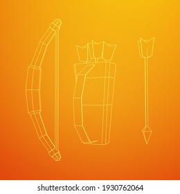 Medieval Bow and arrow archer weapon. Wireframe low poly mesh vector illustration.