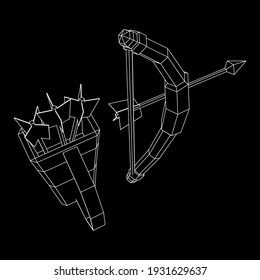 Medieval Bow and arrow archer weapon. Wireframe low poly mesh vector illustration.