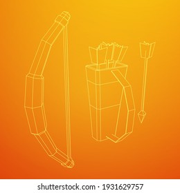 Medieval Bow and arrow archer weapon. Wireframe low poly mesh vector illustration.
