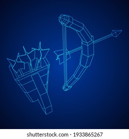 Medieval Bow and arrow archer weapon. Wireframe low poly mesh vector illustration.
