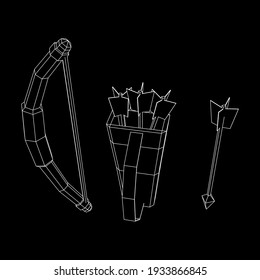 Medieval Bow and arrow archer weapon. Wireframe low poly mesh vector illustration.