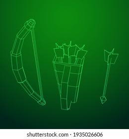 Mittelalterliche Bogenwaffe und Pfeilerwaffe. Wireframe Low-Poly-Mesh, Vektorgrafik.