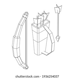 Medieval Bow and arrow archer weapon. Wireframe low poly mesh vector illustration.
