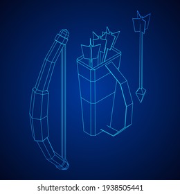Arma de arco y arco de flecha medieval. Ilustración vectorial de malla baja de malla de malla de alambre.