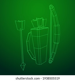 Medieval Bow and arrow archer weapon. Wireframe low poly mesh vector illustration.