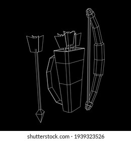 Medieval Bow and arrow archer weapon. Wireframe low poly mesh vector illustration.