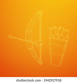 Medieval Bow and arrow archer weapon. Wireframe low poly mesh vector illustration.
