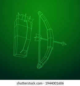 Arma de arco y arco de flecha medieval. Ilustración vectorial de malla baja de malla de malla de alambre.