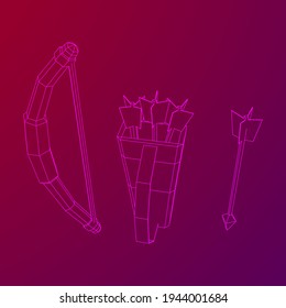 Medieval Bow and arrow archer weapon. Wireframe low poly mesh vector illustration.