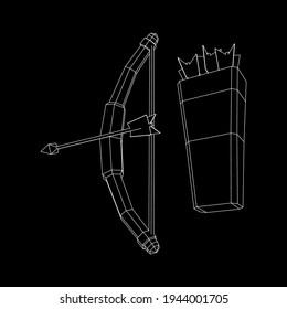 Arma de arco y arco de flecha medieval. Ilustración vectorial de malla baja de malla de malla de alambre.