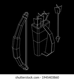 Medieval Bow and arrow archer weapon. Wireframe low poly mesh vector illustration.