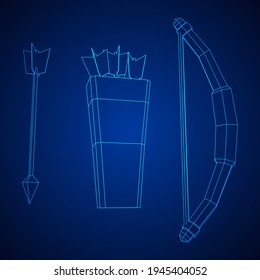 Medieval Bow and arrow archer weapon. Wireframe low poly mesh vector illustration.