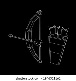 Medieval Bow and arrow archer weapon. Wireframe low poly mesh vector illustration.