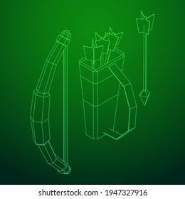 Medieval Bow and arrow archer weapon. Wireframe low poly mesh vector illustration.