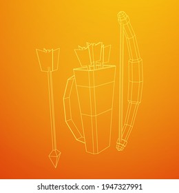 Medieval Bow and arrow archer weapon. Wireframe low poly mesh vector illustration.