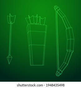 Medieval Bow and arrow archer weapon. Wireframe low poly mesh vector illustration.