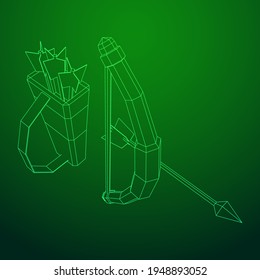 Arma de arco y arco de flecha medieval. Ilustración vectorial de malla baja de malla de malla de alambre.