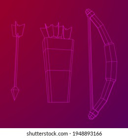 Medieval Bow and arrow archer weapon. Wireframe low poly mesh vector illustration.