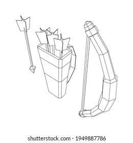 Arma de arco y arco de flecha medieval. Ilustración vectorial de malla baja de malla de malla de alambre.