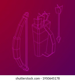 Medieval Bow and arrow archer weapon. Wireframe low poly mesh vector illustration.
