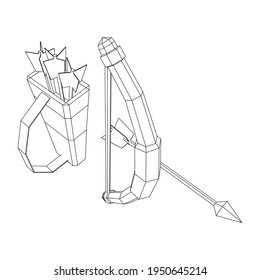 Mittelalterliche Bogenwaffe und Pfeilerwaffe. Wireframe Low-Poly-Mesh, Vektorgrafik.