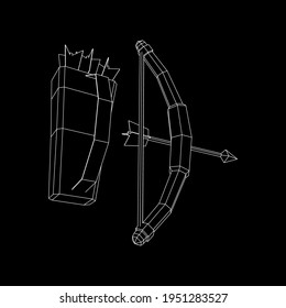 Medieval Bow and arrow archer weapon. Wireframe low poly mesh vector illustration.