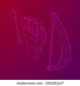 Medieval Bow and arrow archer weapon. Wireframe low poly mesh vector illustration.