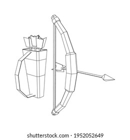 Mittelalterliche Bogenwaffe und Pfeilerwaffe. Wireframe Low-Poly-Mesh, Vektorgrafik.