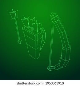 Medieval Bow and arrow archer weapon. Wireframe low poly mesh vector illustration.