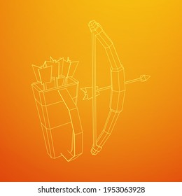 Arma de arco y arco de flecha medieval. Ilustración vectorial de malla baja de malla de malla de alambre.