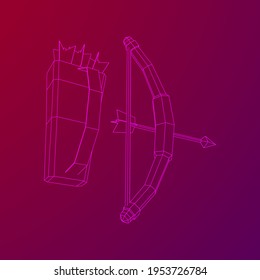 Medieval Bow and arrow archer weapon. Wireframe low poly mesh vector illustration.