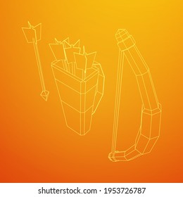 Arma de arco y arco de flecha medieval. Ilustración vectorial de malla baja de malla de malla de alambre.