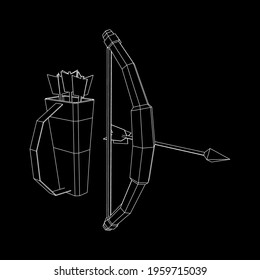Medieval Bow and arrow archer weapon. Wireframe low poly mesh vector illustration.