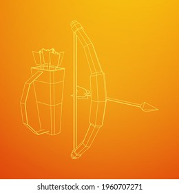 Medieval Bow and arrow archer weapon. Wireframe low poly mesh vector illustration.