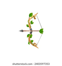 Arco medieval y flecha, arma sofisticada de juego de activos 3D ilustración vectorial realista aislada en fondo blanco. Arco de madera y flecha cubierta con hojas de hiedra verde.