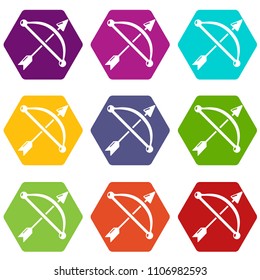 Medieval bow and arrow icons 9 set coloful isolated on white for web