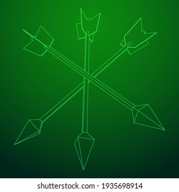 Medieval bow arrow. Wireframe low poly mesh vector illustration.